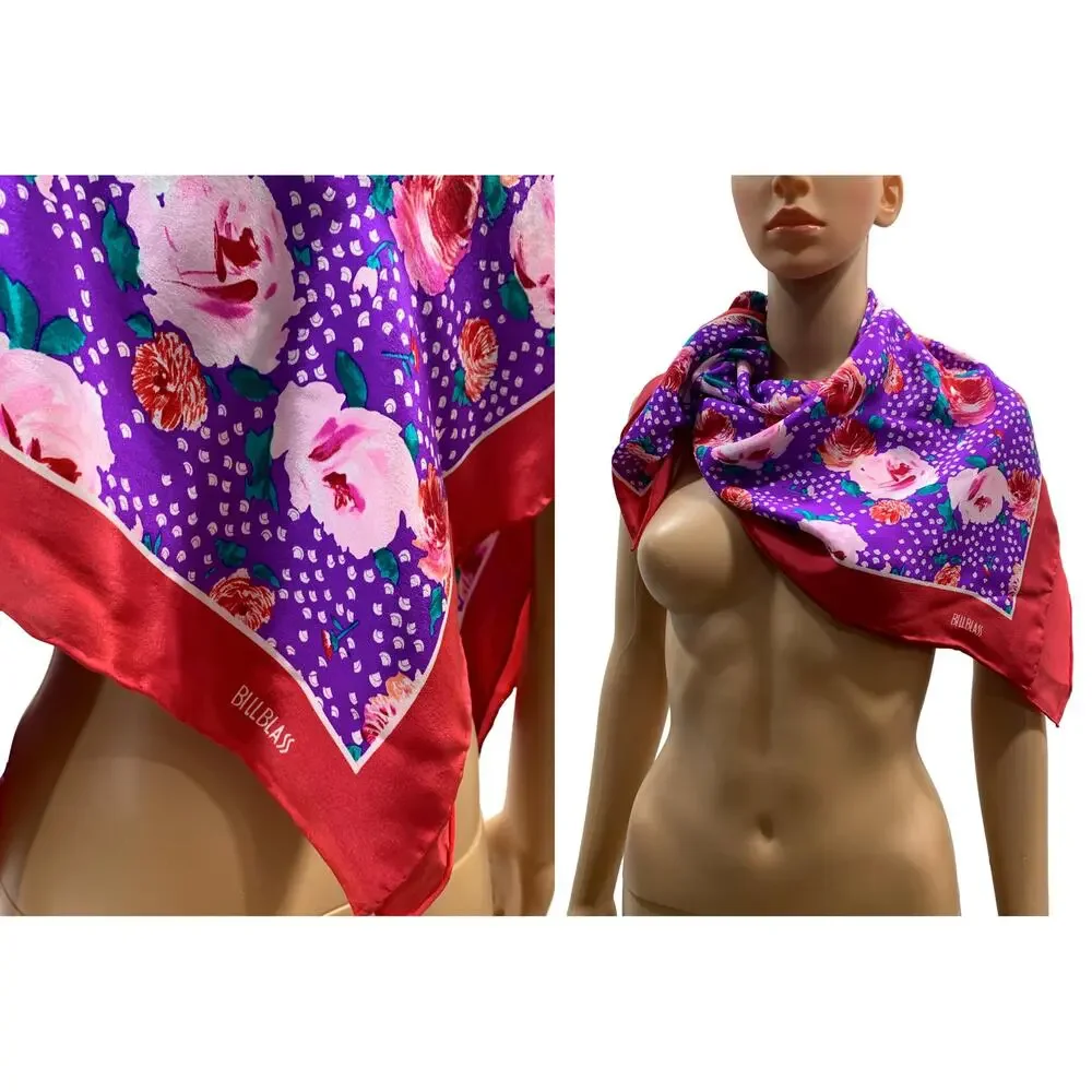 Bill Blass Silk Scarf Vintage 80s Purple Pink Floral Red Border 35